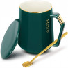 Ceramic Green Mugs Coffee Mug with Lid Coffee Cup + Stainless Steel Spoon, 12oz/380ml Tea Mug