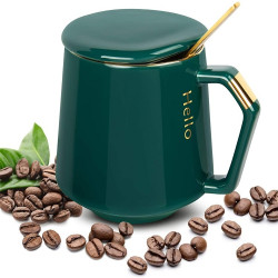 Ceramic Green Mugs Coffee Mug with Lid Coffee Cup + Stainless Steel Spoon, 12oz/380ml Tea Mug