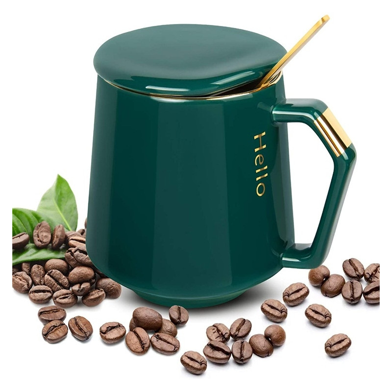 Ceramic Green Mugs Coffee Mug with Lid Coffee Cup + Stainless Steel Spoon, 12oz/380ml Tea Mug