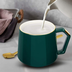 Ceramic Green Mugs Coffee Mug with Lid Coffee Cup + Stainless Steel Spoon, 12oz/380ml Tea Mug