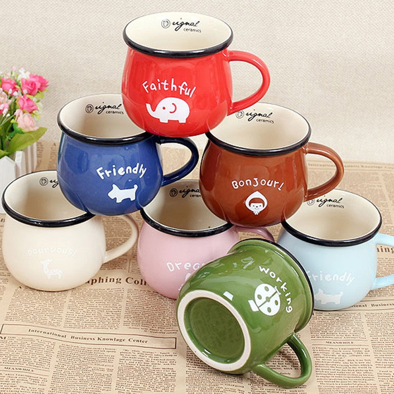 Cartoon Pattern Retro Ceramic Cup Enamel Milk Cups Mugs Coffee Cup Lovely Gifts, Capacity:350ml