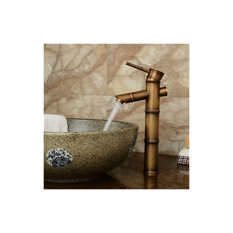 Antique Retro Hot Cold Water Bathroom Counter Basin Bamboo Waterfall Basin Copper Faucet