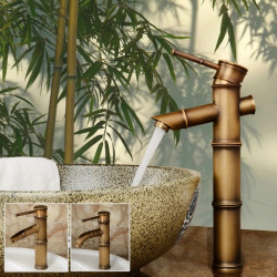 Antique Retro Hot Cold Water Bathroom Counter Basin Bamboo Waterfall Basin Copper Faucet