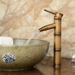 Antique Retro Hot Cold Water Bathroom Counter Basin Bamboo Waterfall Basin Copper Faucet