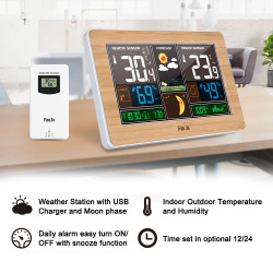 Wood Grain Weather Station Digital Clock Alarm Thermometer Hygrometer