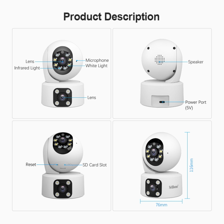 SriHome SH049 Dual-Lens IP Camera — 2MP + 2MP, Humanoid Tracking, Smart Night Vision (EU Plug) - Image 9