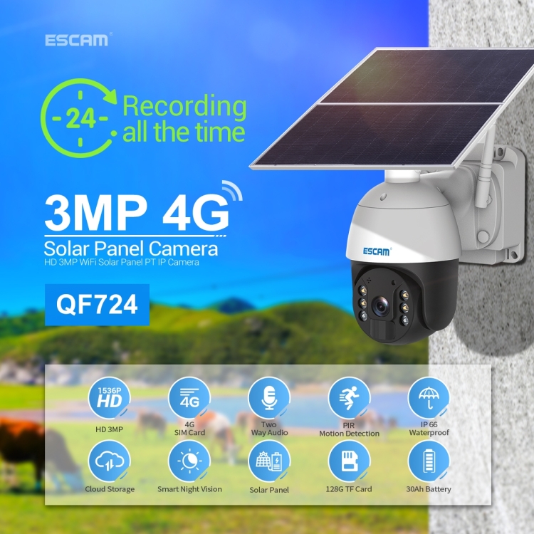 ESCAM QF724 3MP 24h Recording Cloud Storage PT 4G PIR Alarm IP Camera with Solar Panel, AU Plug - Image 4